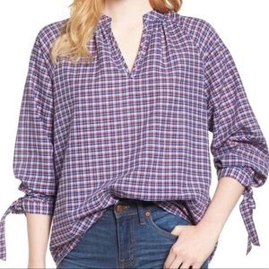 Madewell Size Small Blue Red Tie-Sleeve Linen Blend Top in Whitby Plaid (T36)